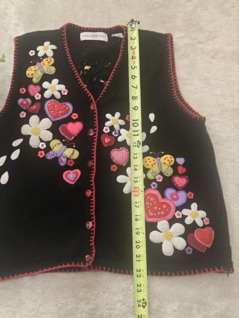 Marisa Christina Black Knit Floral Butterfly Hearts Cottagecore Artsy Vest, M